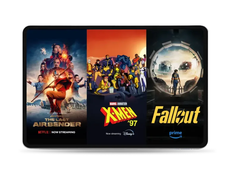 A tablet displaying three popular Stream+ series; Avatar: The Last Airbender on Netflix, X-Men ‘97 on Disney+ and Fallout on Prime.