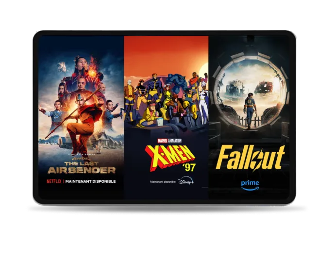 Une tablette affichant trois séries à succès diffusées sur EnContinu+ : Avatar : Le dernier maître de l'air de Netflix, X-Men '97 de Disney+ et Fallout de Prime.