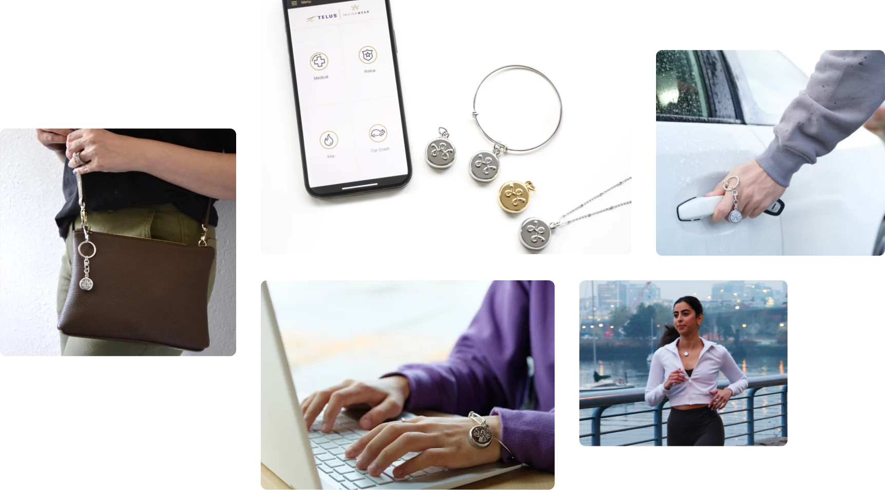 We see a collage of SmartWear Security safety devices, charms, bracelets, keychains, and necklaces on people studying and out running.