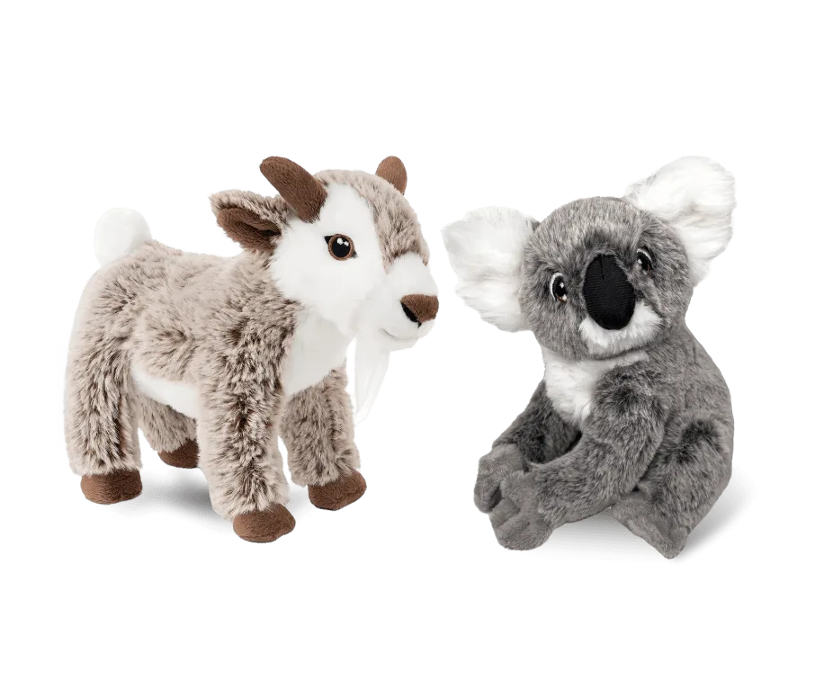 Two limited-edition TELUS critter plushies positioned side-by-side. On the left is a smiling goat, and on the right, is a cuddly grey koala.