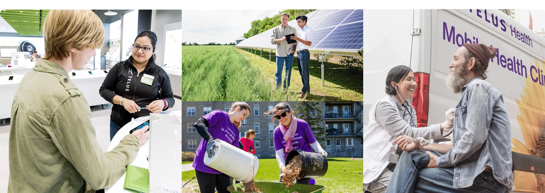 A collage of TELUS team members at work, in the field and volunteering