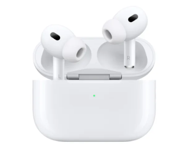 A pair of AirPods Pro (2nd generation) inside a wireless charging case.