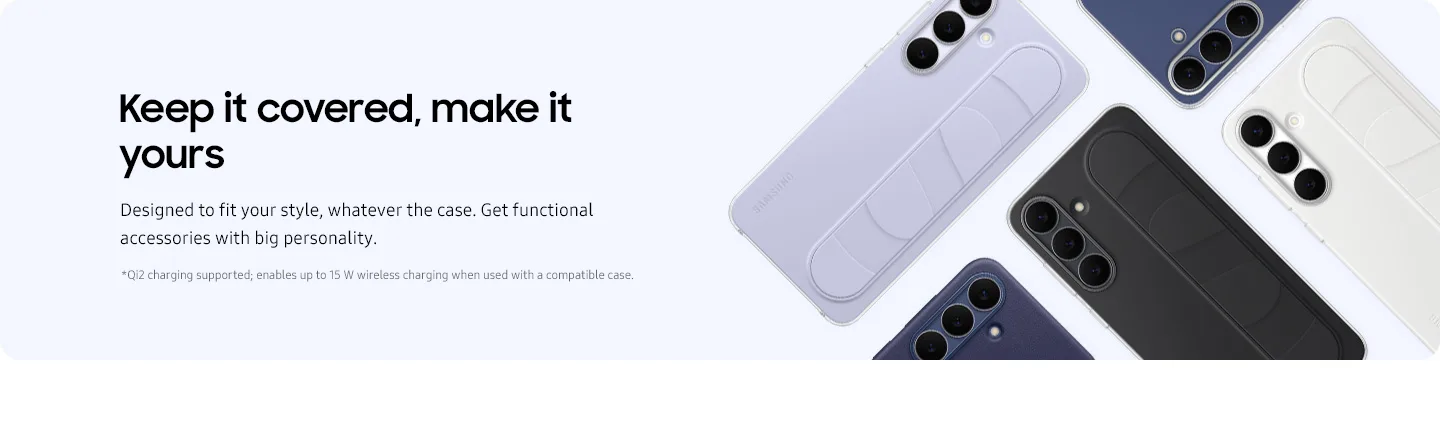Accessorize your Samsung Galaxy with cases and covers, available in purple, navy, black, and white. Enjoy personalized protection and 15W Qi2 wireless charging with compatible cases.