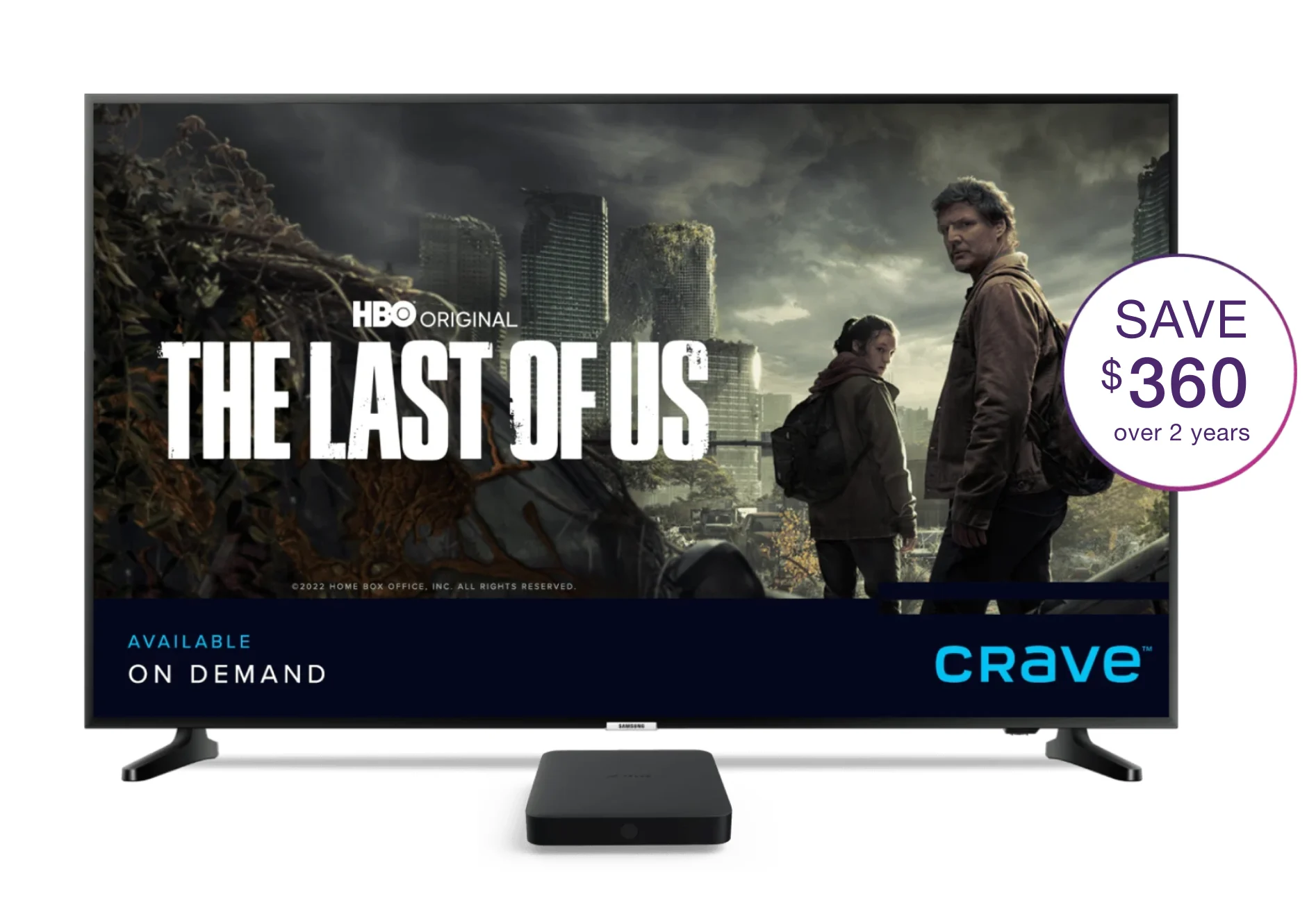 A TV displays a Crave original series along with a TELUS TV Digital Box.