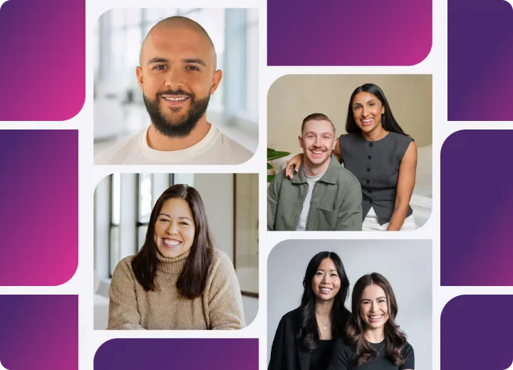 A photo collage of a smiling group of people, with four separate squares on a white background.