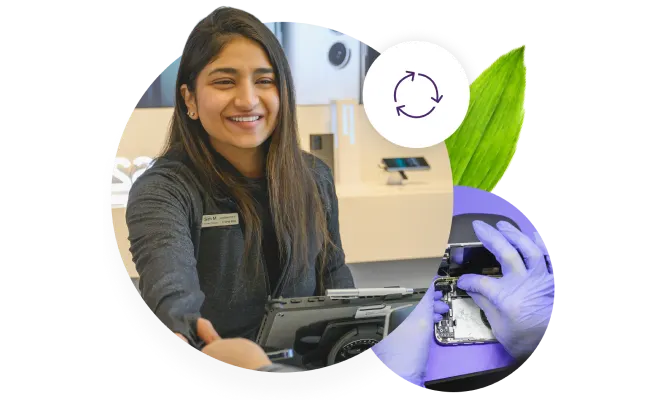 A TELUS team member accepting a device and a closeup of a smartphone being repaired.