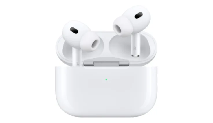 A white pair of AirPods Pro (2nd generation) with its charging case.