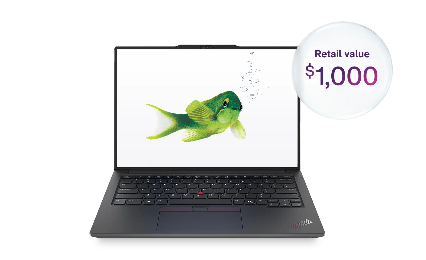 A black Lenovo laptop. The screen displays a green fish. A roundel beside the laptop reads: Retail value: $1,000.