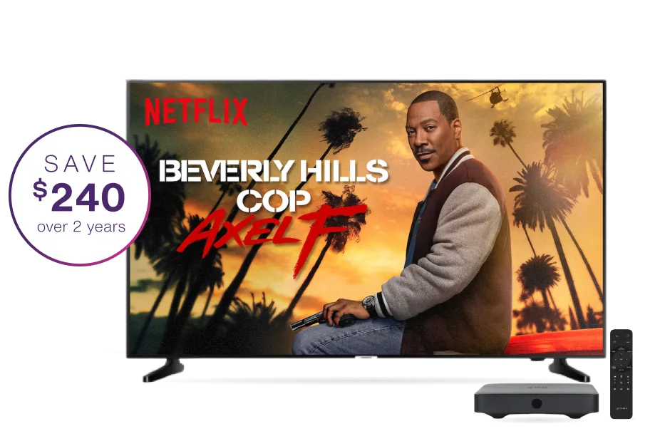 An image of a TV showing Beverly Hills Cop series on Netflix and a TELUS TV box with a roundel saying "Save $240 over 2 years".