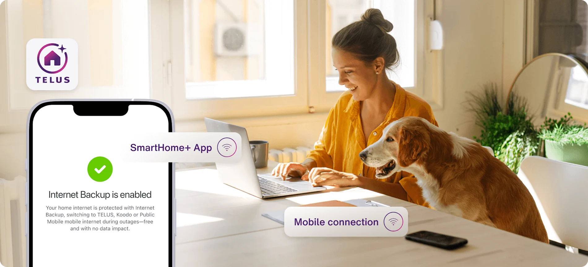 A woman working from her home, shown next to a mobile screen with Internet Backup enabled.