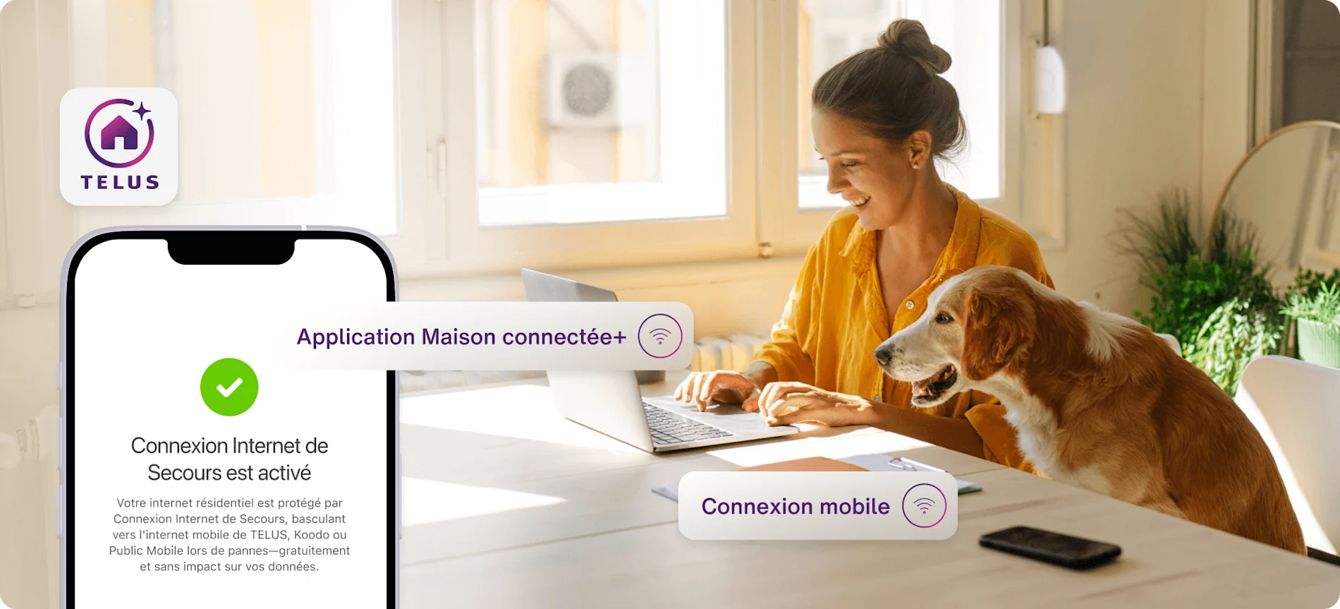 Une femme travaille de la maison à côté d’un écran mobile avec la fonction Connexion Internet de secours activée.