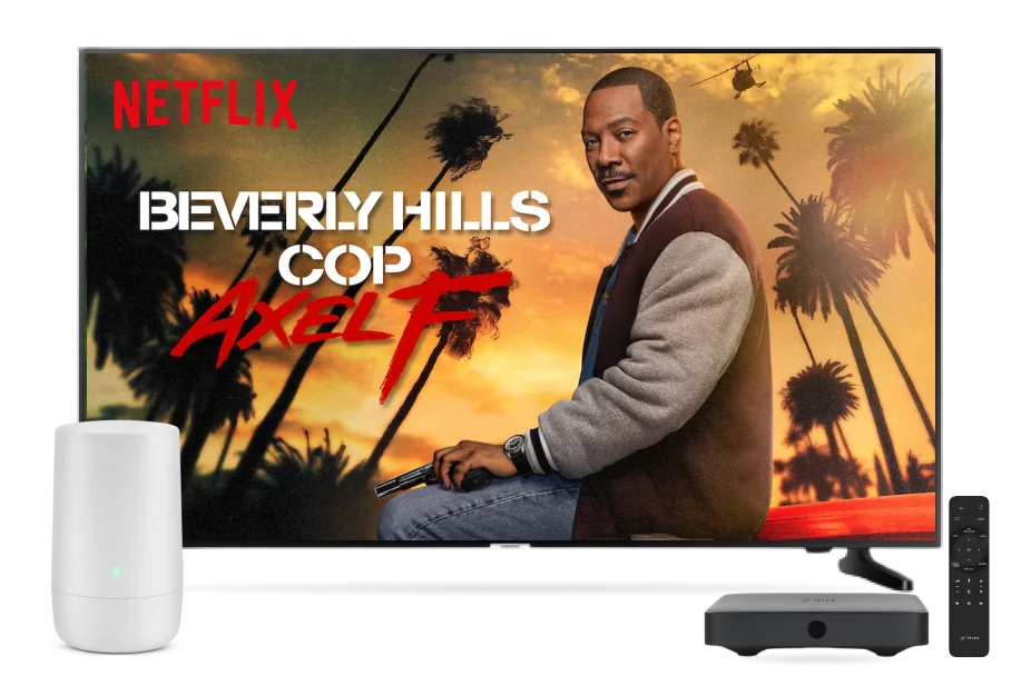 An image showing the Netflix series "Beverly Hills Cop" on a 4k TV screen with an Internet Hub, TV Box and remote control on the foreground.