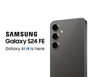 The back view of the Samsung Galaxy S24 FE. A logo reads, "Galaxy AI is here".