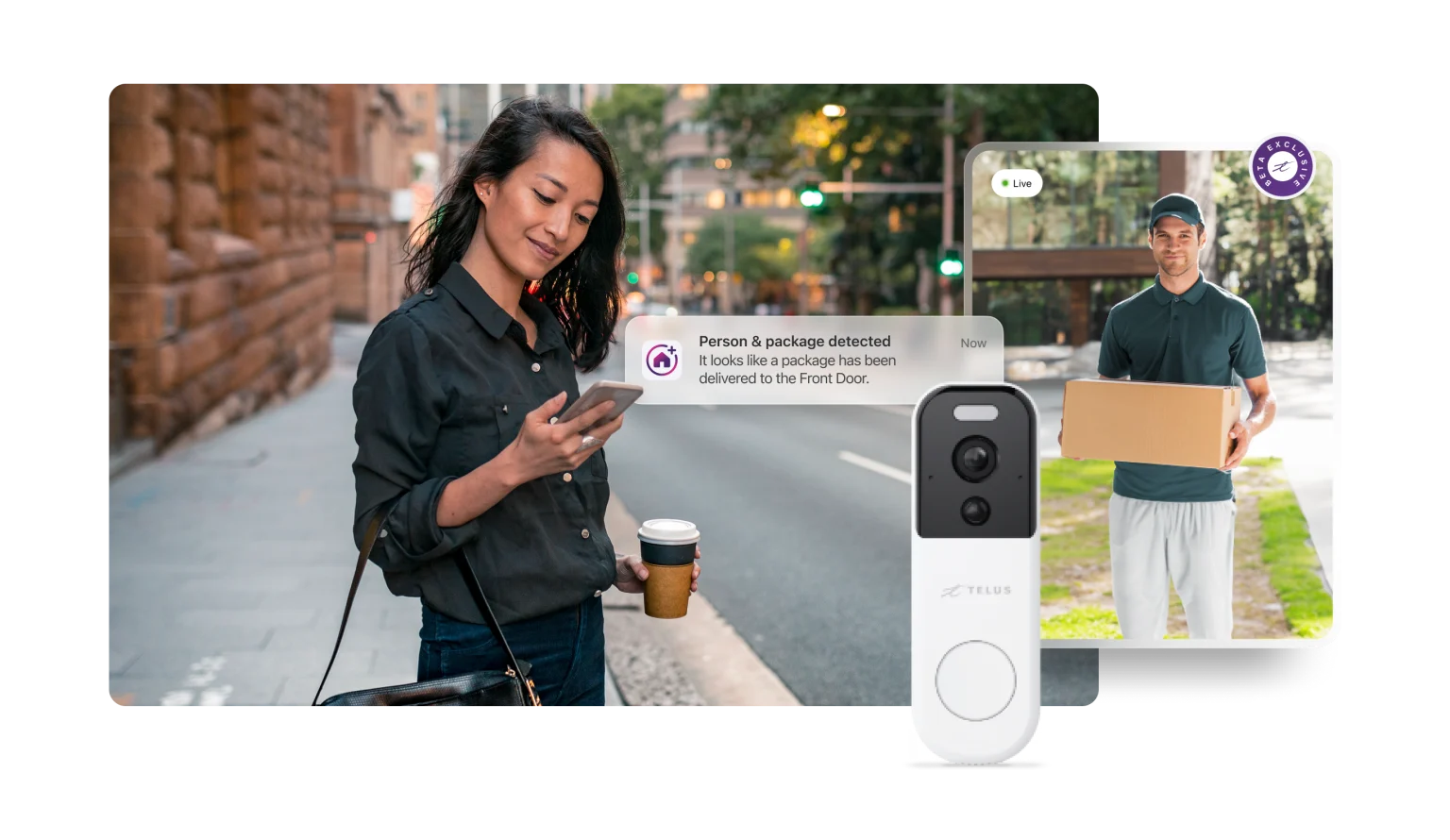 A woman on her commute holds the TELUS SmartHome + app while watching a live video of the package delivery.