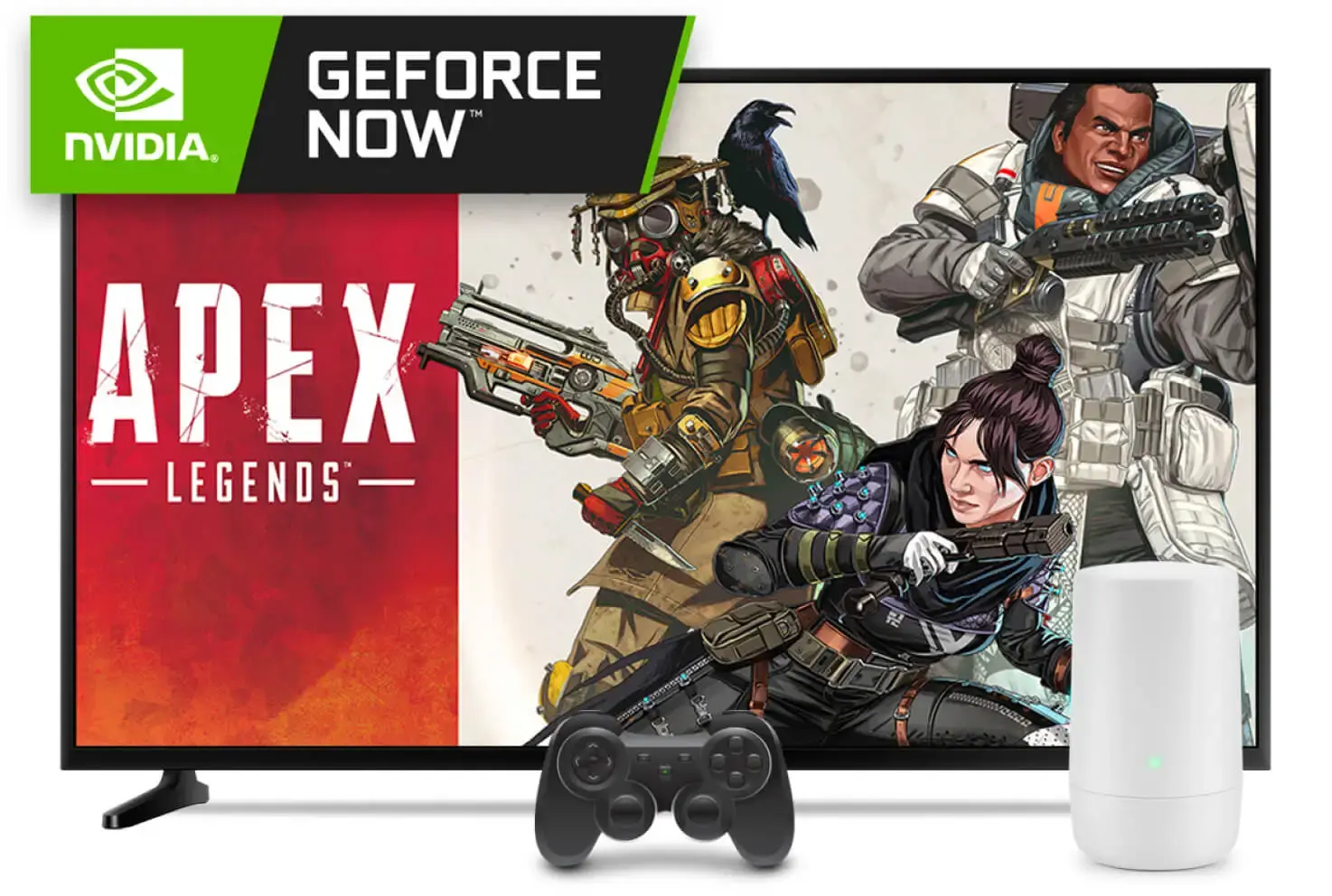 Image on TV from video game Apex Legends of three characters in armour with weapons. Logo for Nvidia Geforce Now, a game controller and TELUS modem.