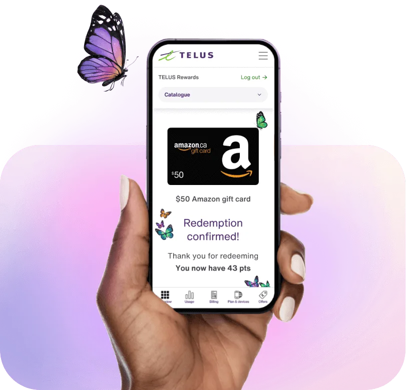 A hand holding up a smartphone displaying a digital Amazon gift card on TELUS Rewards.