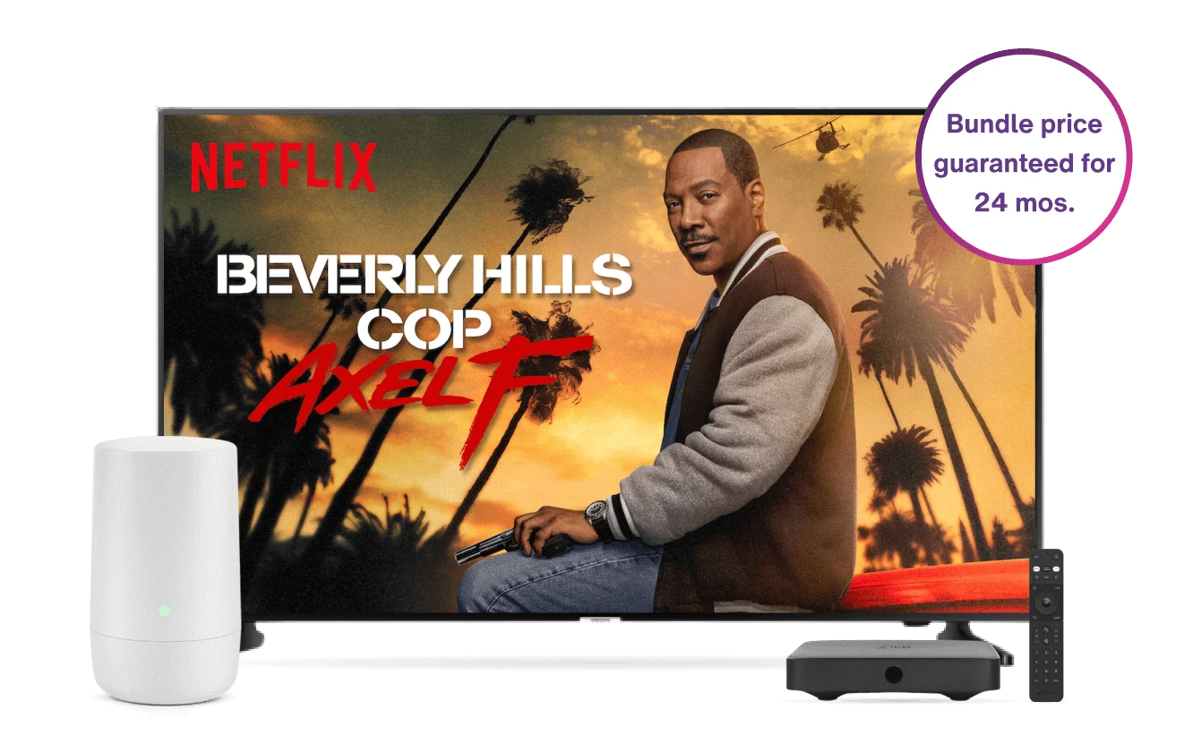 A TV displays a Netflix series Beverly Hills Cop along with Wi-Fi 6 device, TV digital box and a remote control.