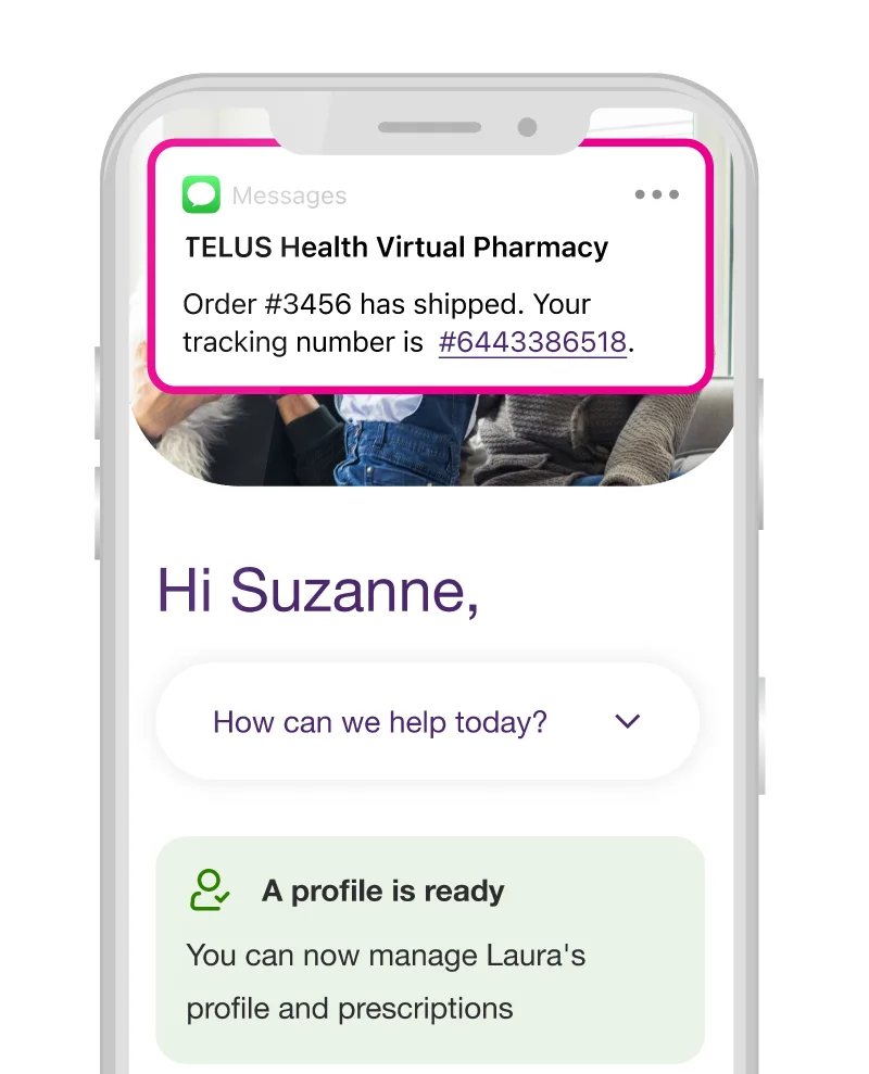 A smartphone displaying an order confirmation through the TELUS Health Virtual Pharmacy app.
