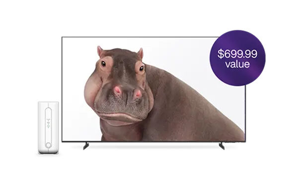 A TV and TELUS modem. The TV screen displays a hippo. A roundel on the right reads “$699.99 value”.