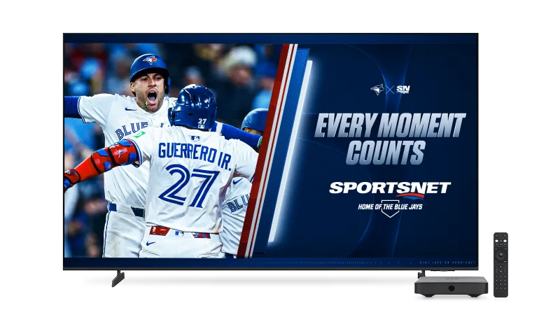 A TV, digital box and remote control. The TV screen displays a promo for Sportsnet, home of the Blue Jays with the text “Every moment counts”.