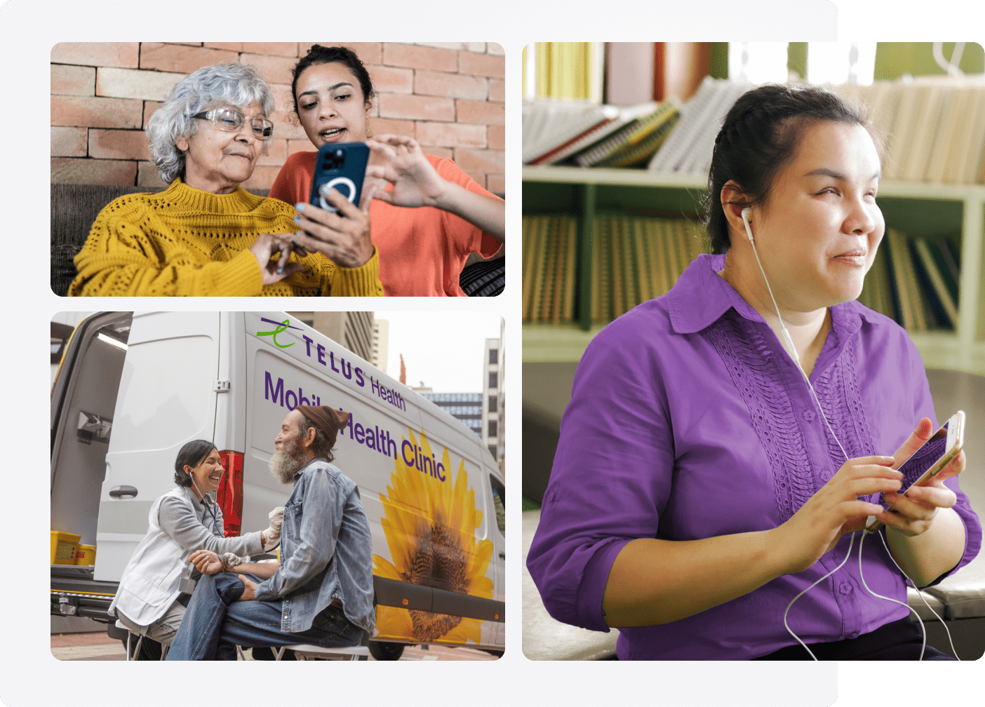 A collage of images: A younger woman and older woman viewing a smartphone together; a person wearing headphones plugged into a smartphone; and a TELUS Mobile Health Clinic team member attending to a patient.