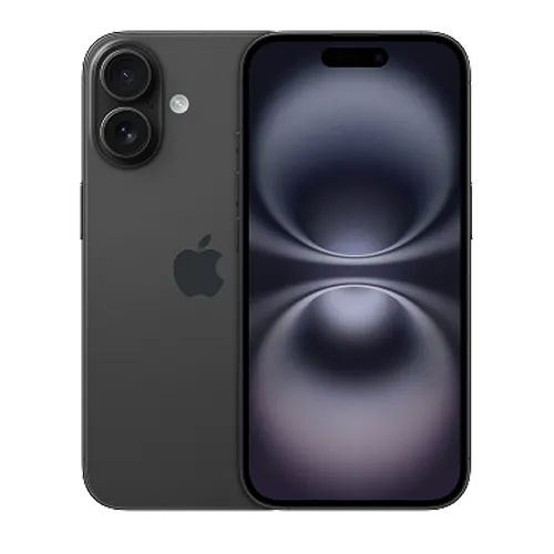 Front and back view of iPhone 16 in Black.
