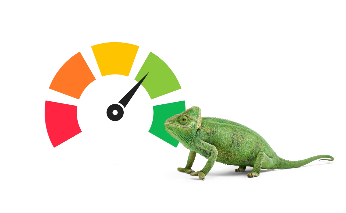 A TELUS critter chameleon beside a temperature gauge metre with a dial ranging from red hot to green. 