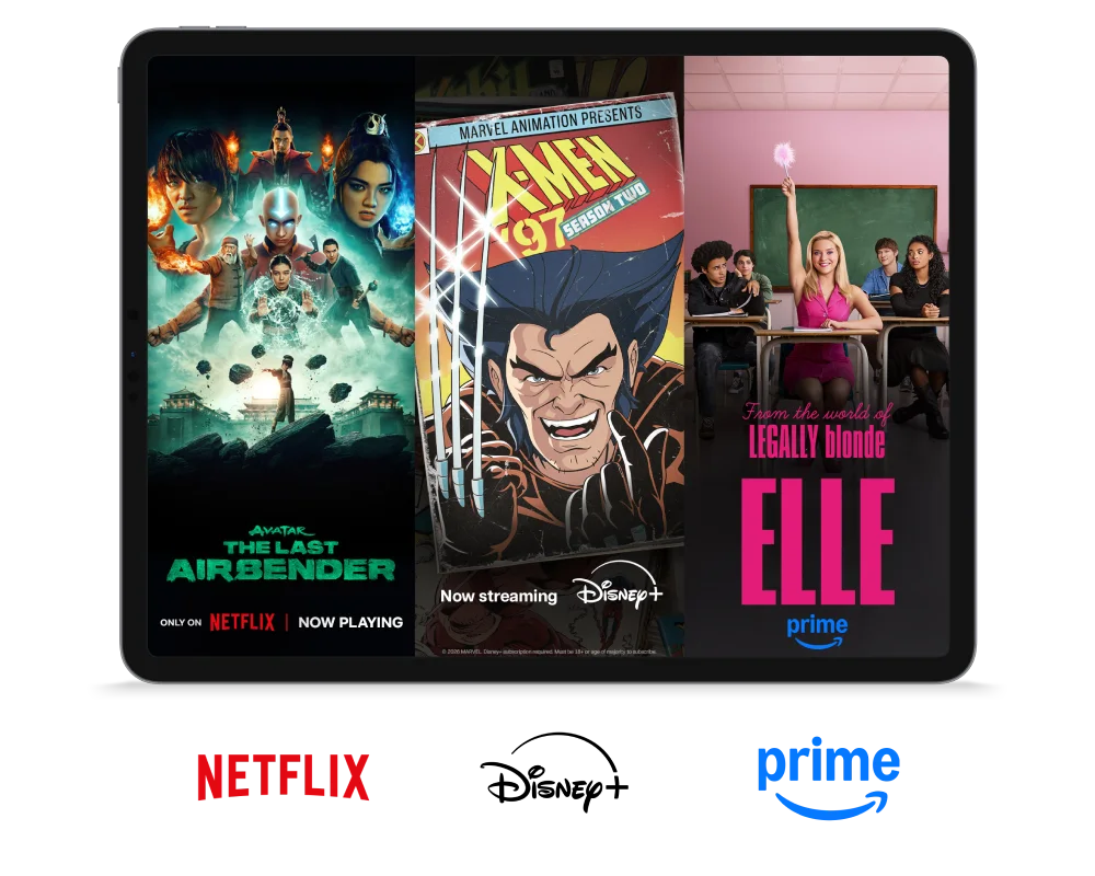 A tablet displays shows from Netflix, Disney+, and Prime Video: Avatar, X-Men '97, and Elle from Legally Blonde.