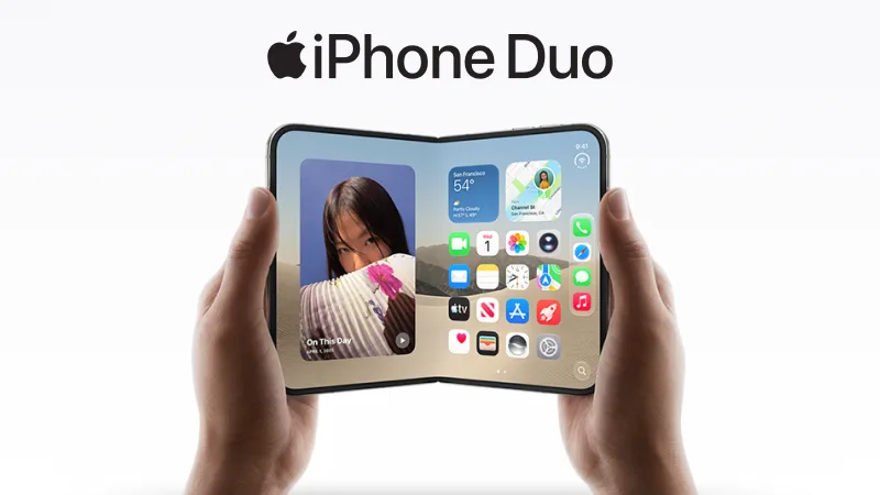 Two hands holding an iPhone Duo and showing its inner display, unfolding like a book.