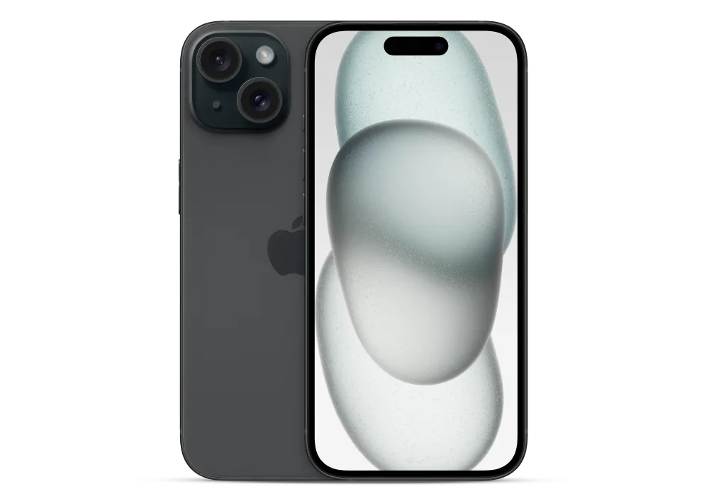 Des iPhone 15 et 15 Plus d’Apple, placés à la verticale. L’un montre son écran et l’autre, placé devant à moitié, montre son extérieur noir et ses objectifs de caméra.