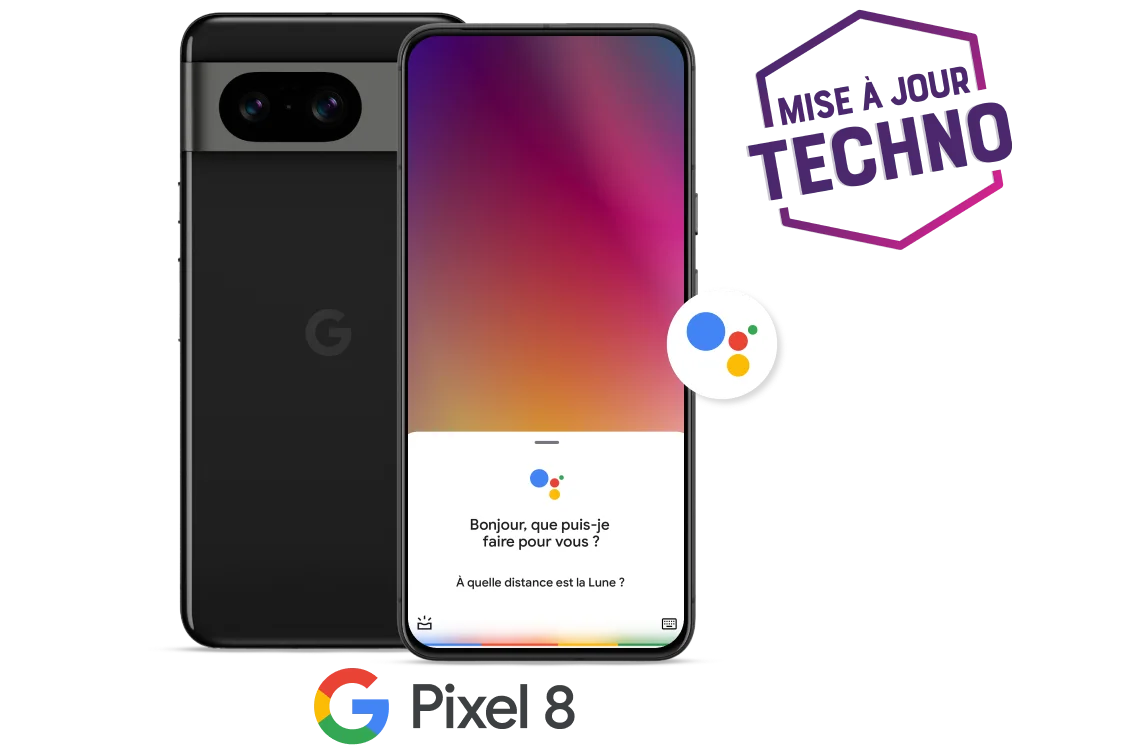 Deux téléphones Google Pixel 8 placés côte à côte avec une cocarde indiquant « Mise à jour techno ».