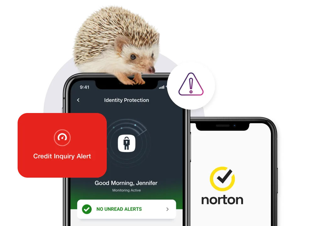 A smart phone shows the identity protection screen with no unread alerts while another screen show a credit inquiry alert pop up. 