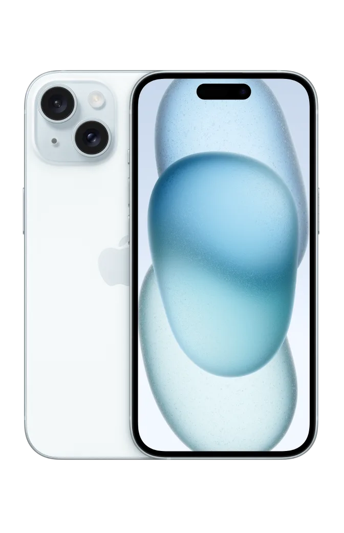 Front and back view on iPhone 15 in Blue. 