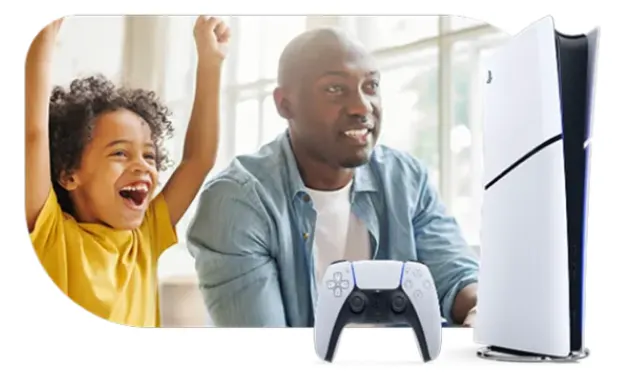 A father and son enjoy playing video games on a Playstation five.