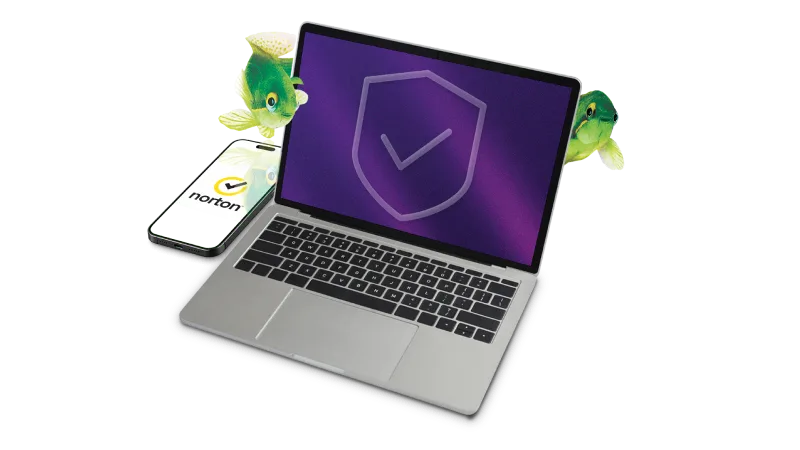 Une image d’un téléphone intelligent, d’un passeport, de poissons verts et d’un ordinateur portable affichant le logo de Sécurité en ligne TELUS sur un écran au fond mauve.
