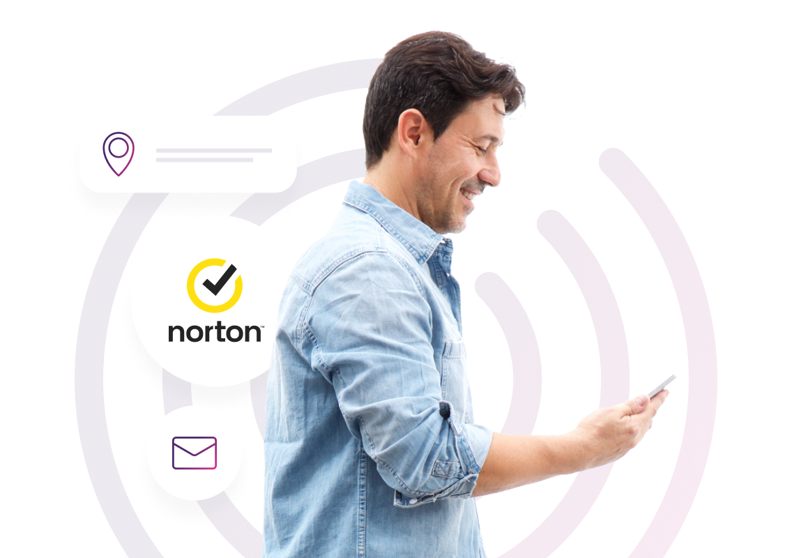 A happy man using smartphone protected from layers of Dark Web Monitoring graphics and the Norton logo.
