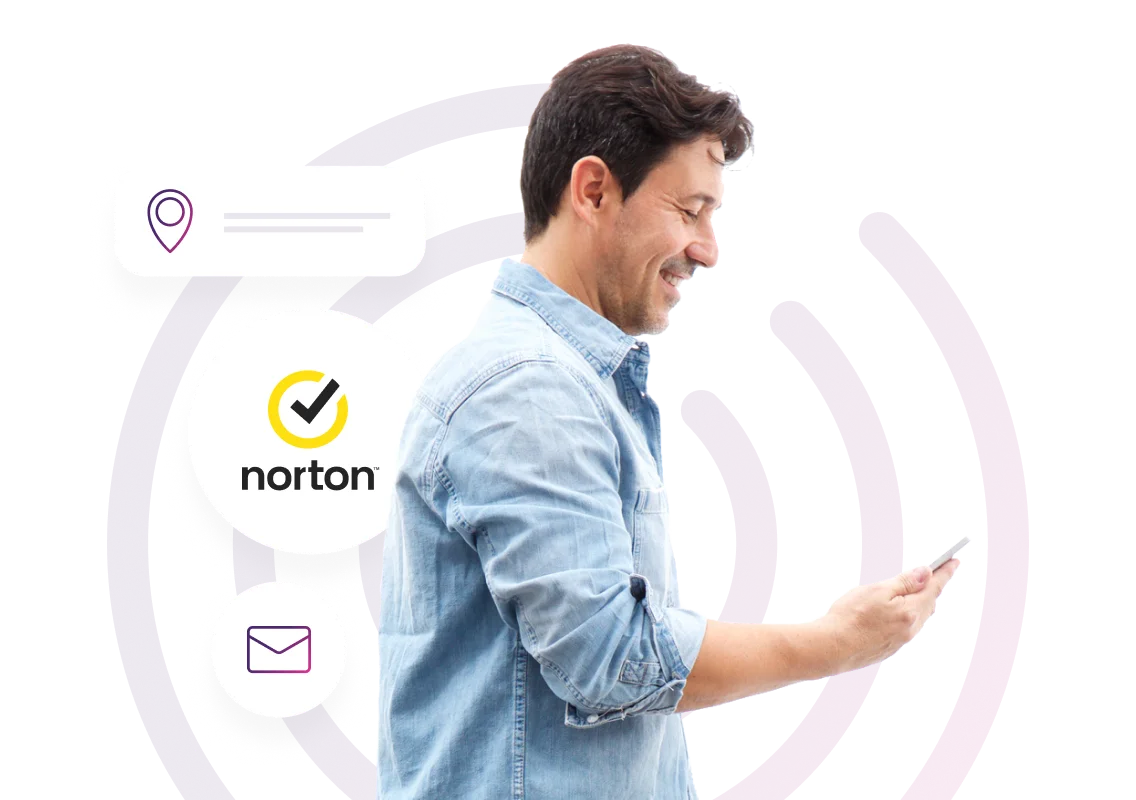A happy man using a smartphone protected from layers of Dark Web Monitoring graphics and the Norton logo. 