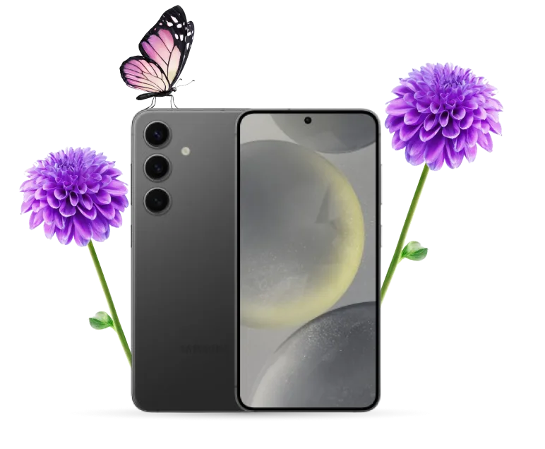 A Samsung Galaxy phone in Onyx Black is shown from the front and back. Vibrant purple dahlias flank its sides, and a butterfly rests on the phone. 