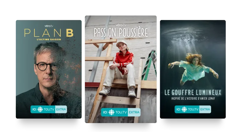 Trois affiches : Plan B, Passion Poussière et Le Gouffre Lumineux.