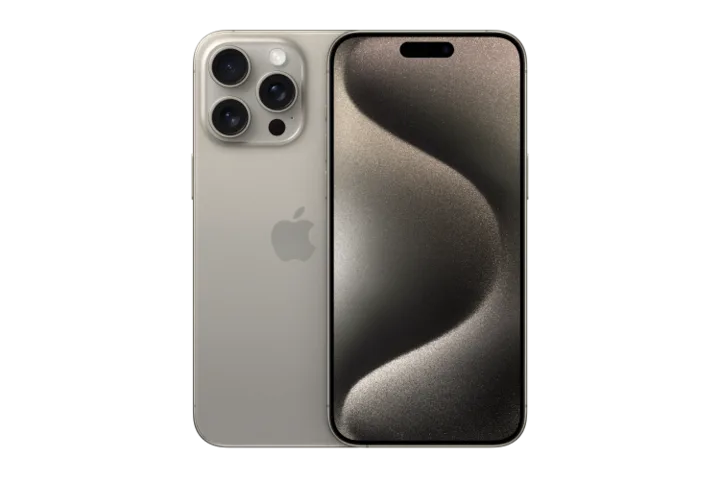 Back and front view of iPhone 15 Pro in Natural Titanium.