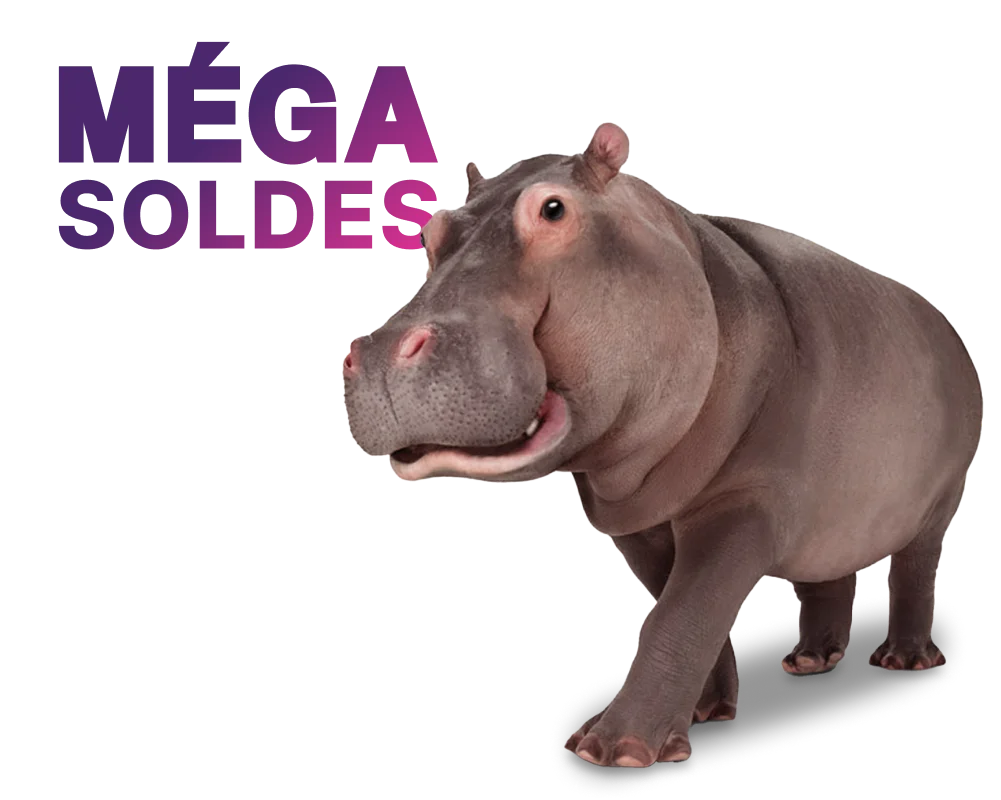 Un logo affiche « MÉGA SOLDES ». À droite, un hippopotame s’approche. 