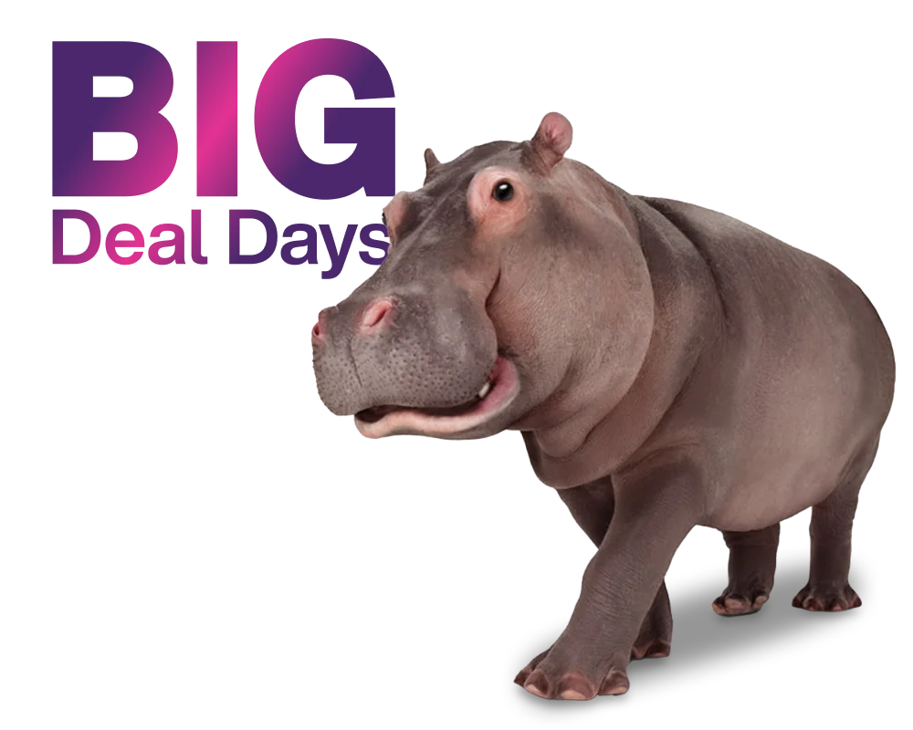 A logo reads, "Big Deal Days". To the right, a hippo approaches.