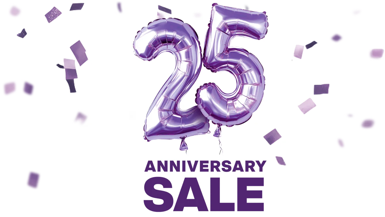 A sticker with the words "25th Anniversary Sale"