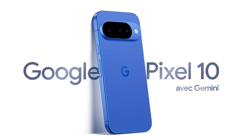 Un Google Pixel 10 bleu avec Gemini.