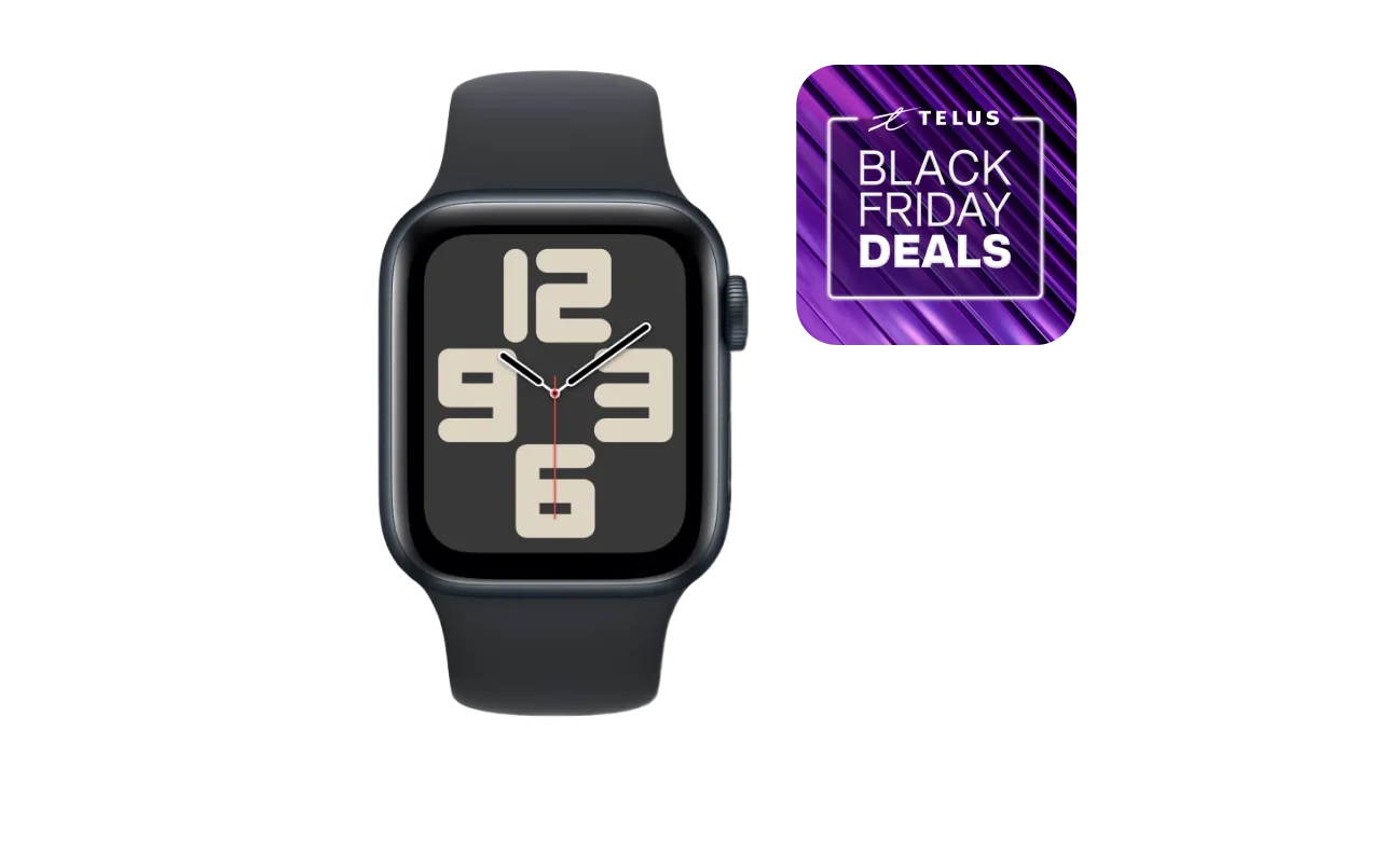 An image showing an Apple Watch SE with the TELUS Black Friday Banner on the right side.