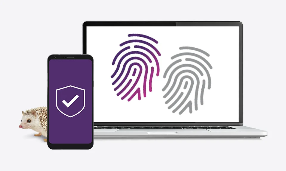 In the image, a smartphone displays the Norton logo, while a laptop shows a fingerprint login verification. A small hedgehog stands behind the phone.