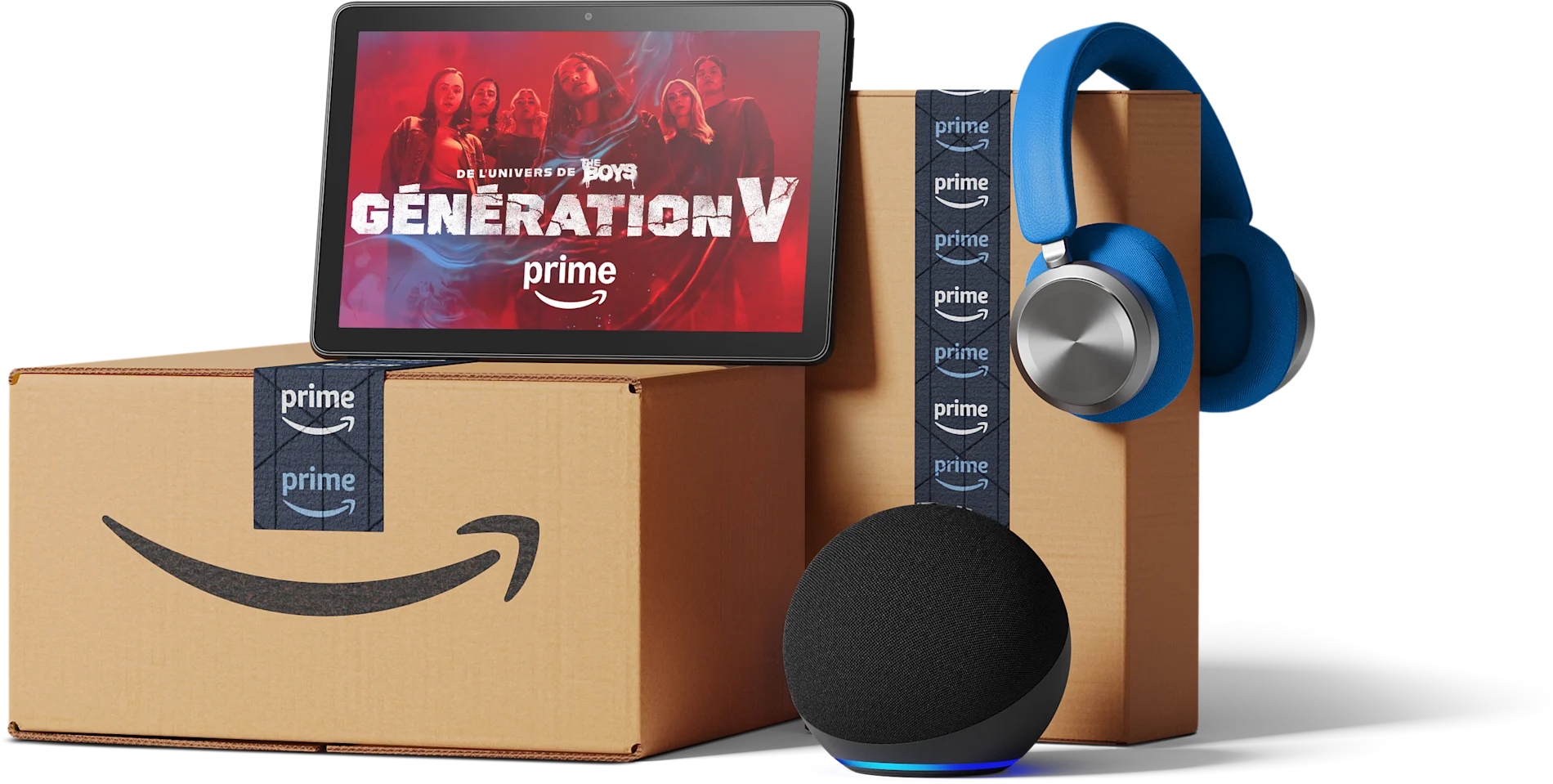 Des boîtes d'expédition Amazon Prime, des écouteurs et un écran vidéo sont présentés