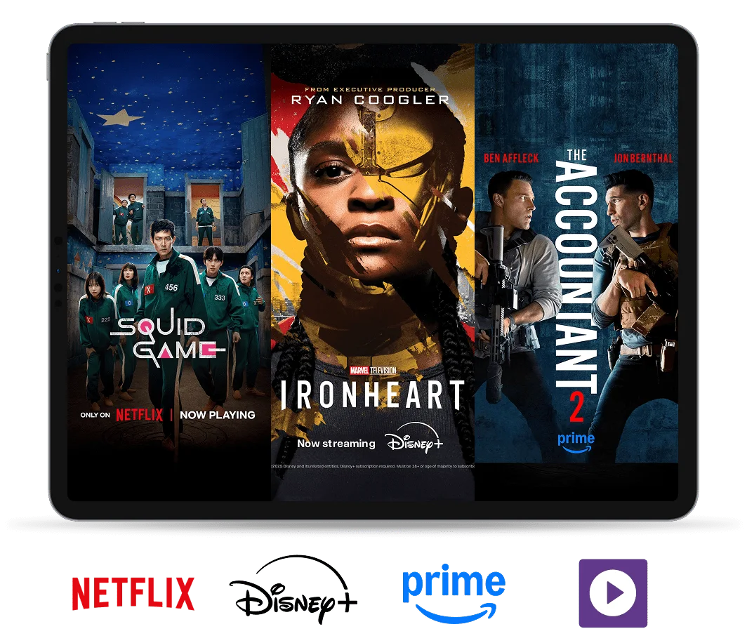 TELUS Stream+ posters for ‘Squid Game’ on Netflix, ‘Ironheart’ on Disney+, ‘The Accountant 2’ on Amazon Prime and TELUS Original House Special. 