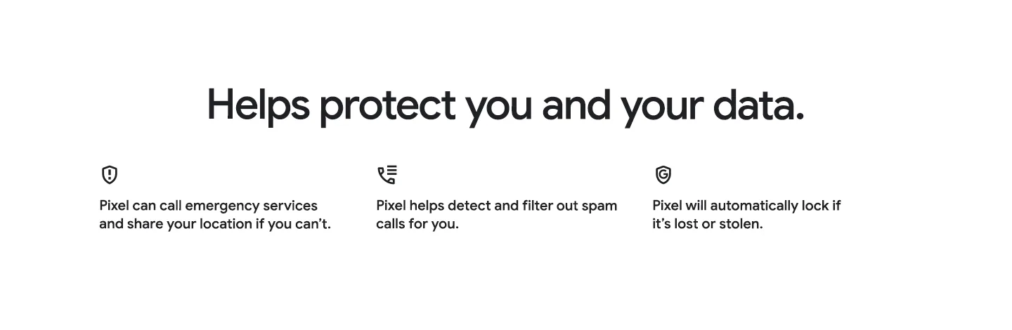 Pixel security features: automatic emergency services calling with location sharing, spam call detection and filtering, and automatic device locking when lost or stolen.