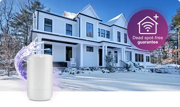 Un modem TELUS à côté d'une animation représentant une maison. Une cocarde à droite indique : « Garantie sans zone morte ».